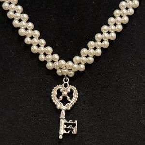 vintage 1928 key faux pearl necklace, silver tone